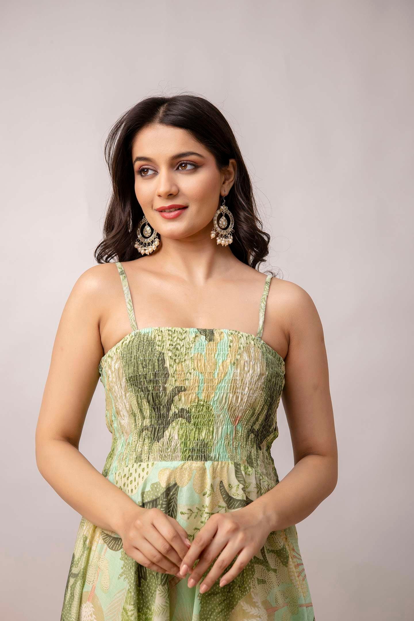 Women's Silk Printed Shoulder Straps Sleeveless Anarkali Gown Drees (Green) - Image 4