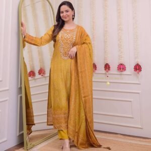 Women's Silk Embroidered Straight Kurti With Pant and Dupatta set