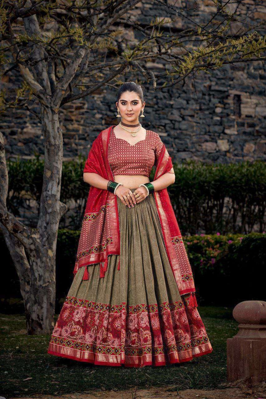 Green Tussar Silk Lehenga Choli with Red Blouse | Floral & Foil Print | Wedding & Festive Wear - Image 3
