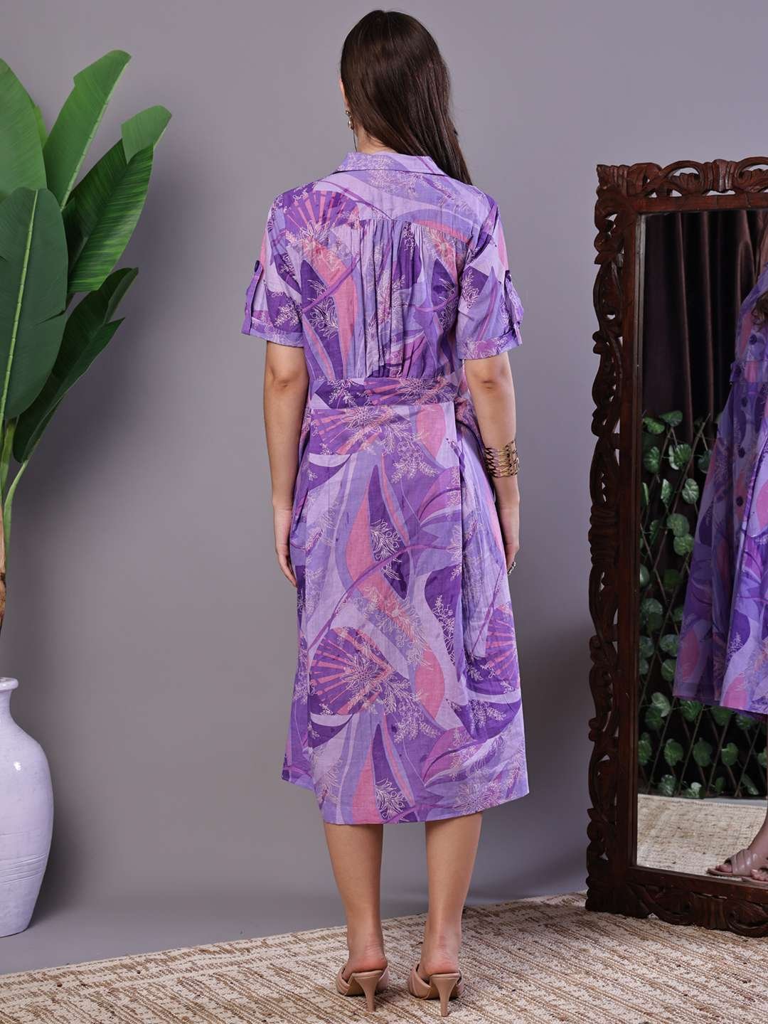 Women's Purple Abstract Print Cotton Shirt Dress - Image 2