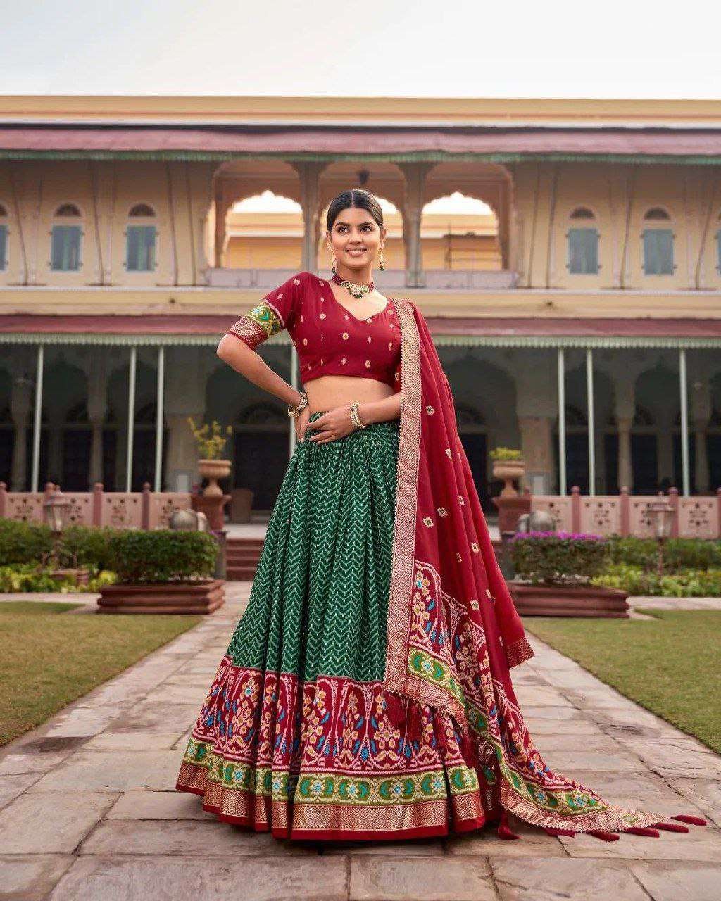 Dark Green Tussar Silk Lehenga Choli with Maroon Blouse | Patola Print & Foil Work | Wedding & Festive Wear