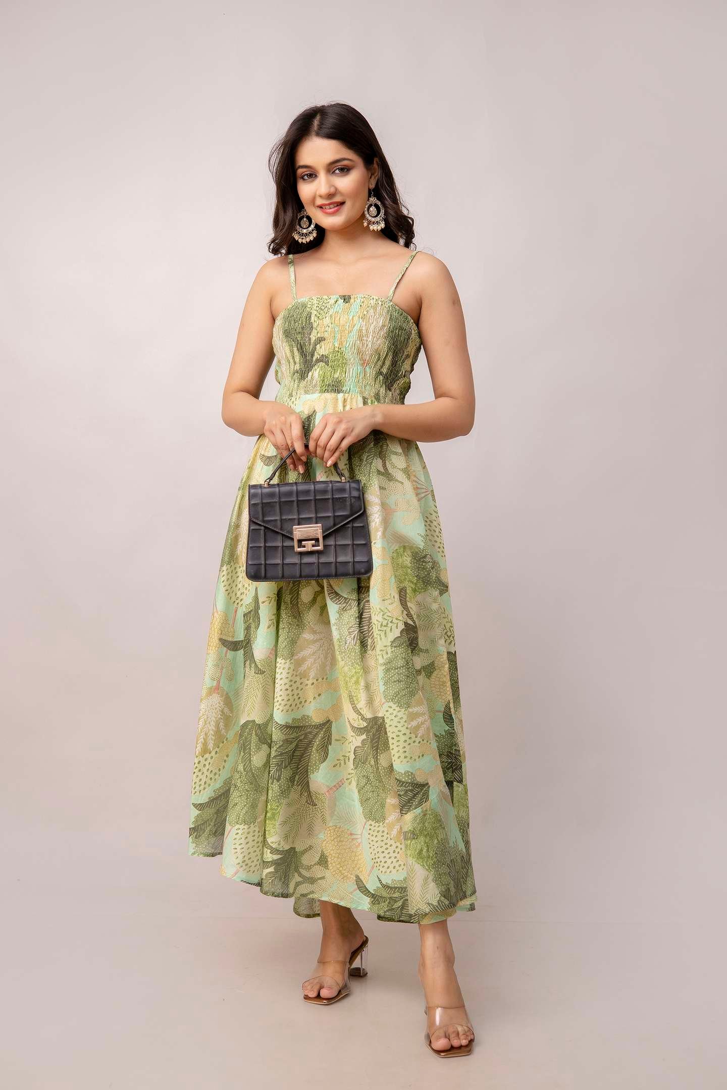 Women's Silk Printed Shoulder Straps Sleeveless Anarkali Gown Drees (Green) - Image 6