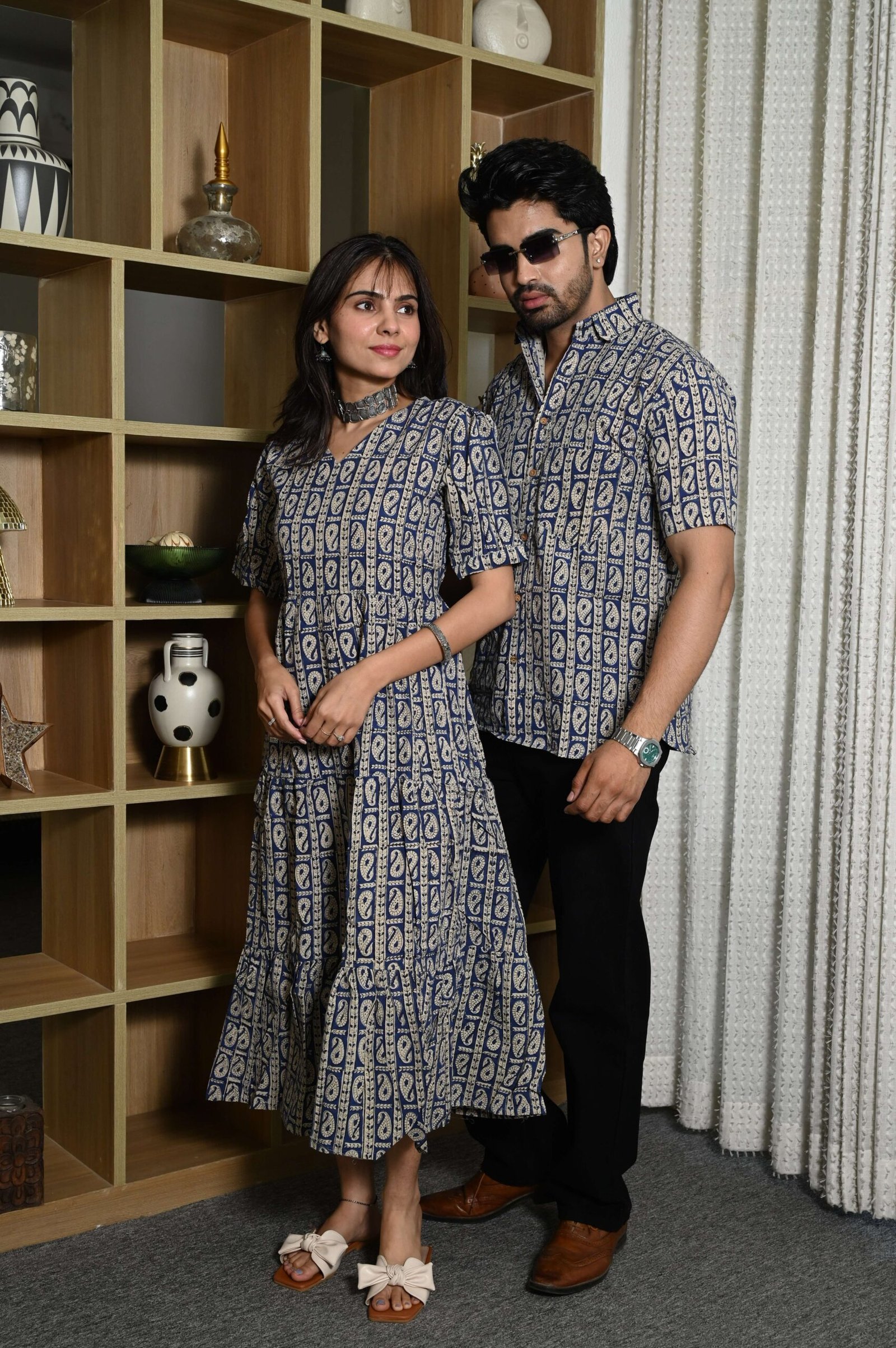 Couple Matching Navy Blue Cotton Anarkali Midi Dress and Shirt Set ? Paisley Block Print