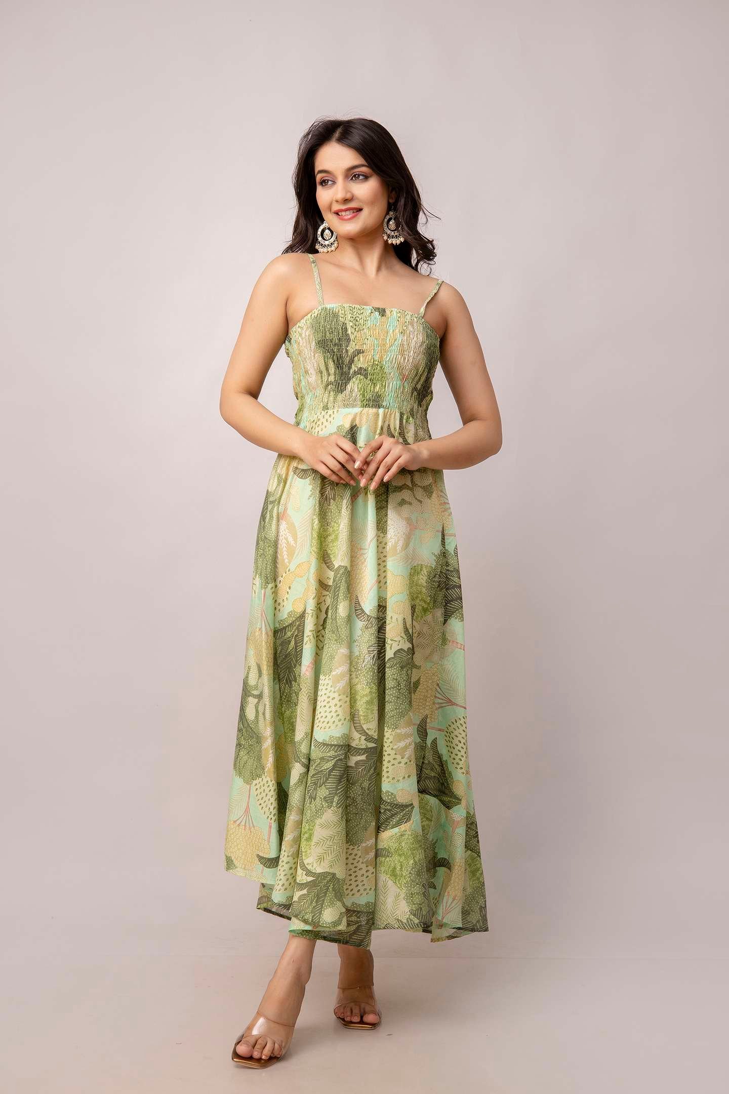 Women's Silk Printed Shoulder Straps Sleeveless Anarkali Gown Drees (Green)