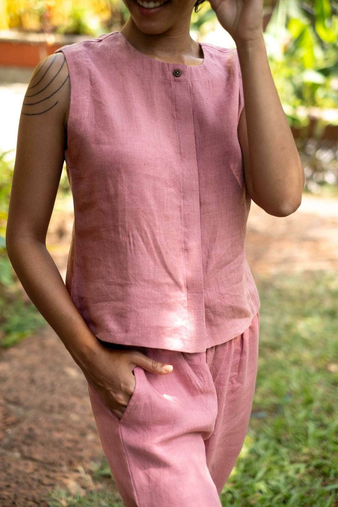 Women's Cotton Solid V Neck Sleeveless 2 Piece Outfit Loose Tank Top and Wide Leg Palazzo Pants Sets cord set ( Baby Pink ) - Image 3