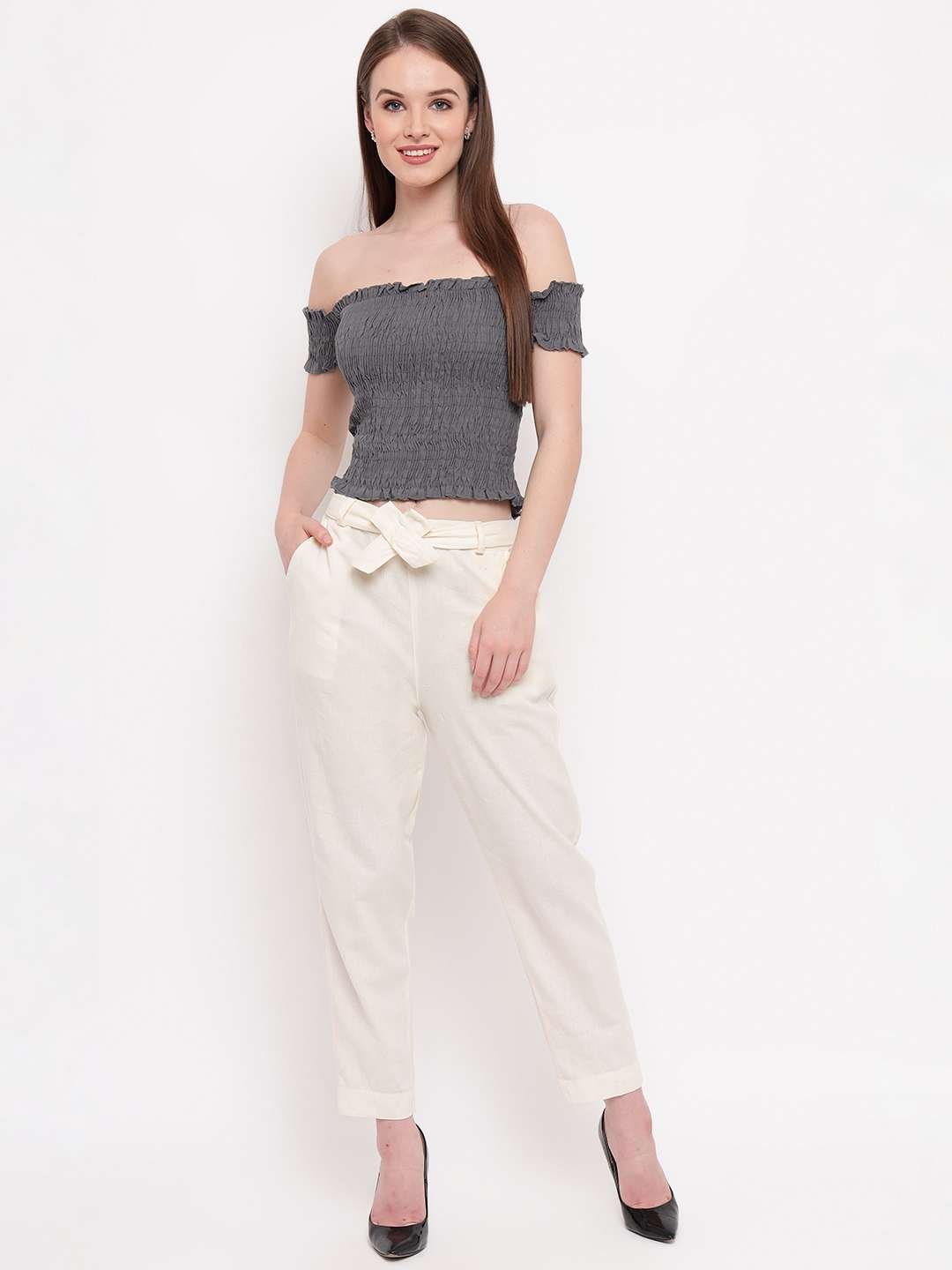 Women's Rayon Solid Off-Shoulder Smocked Crop Top Short Sleeve Casual Styles Tank Top (FREE SIZE) Multi22 - Image 3