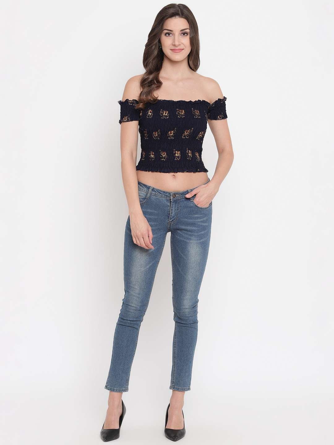 Women's Rayon Printed Off-Shoulder Smocked Crop Top Short Sleeve Casual Styles Tank Top (FREE SIZE) Multi10 - Image 4