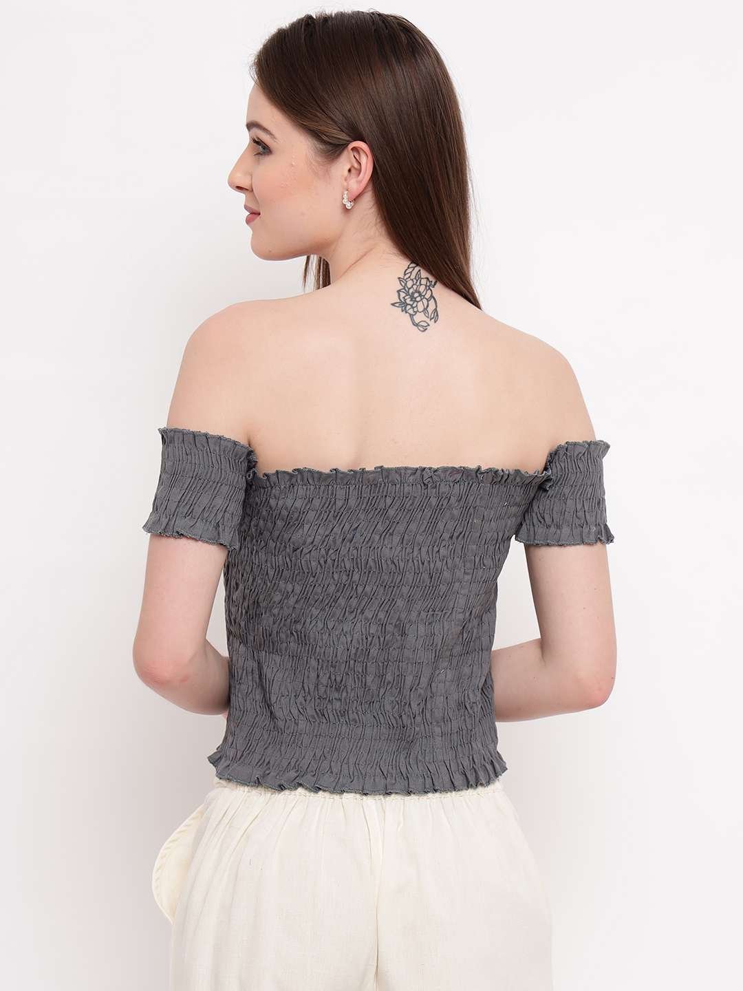 Women's Rayon Solid Off-Shoulder Smocked Crop Top Short Sleeve Casual Styles Tank Top (FREE SIZE) Multi22 - Image 2