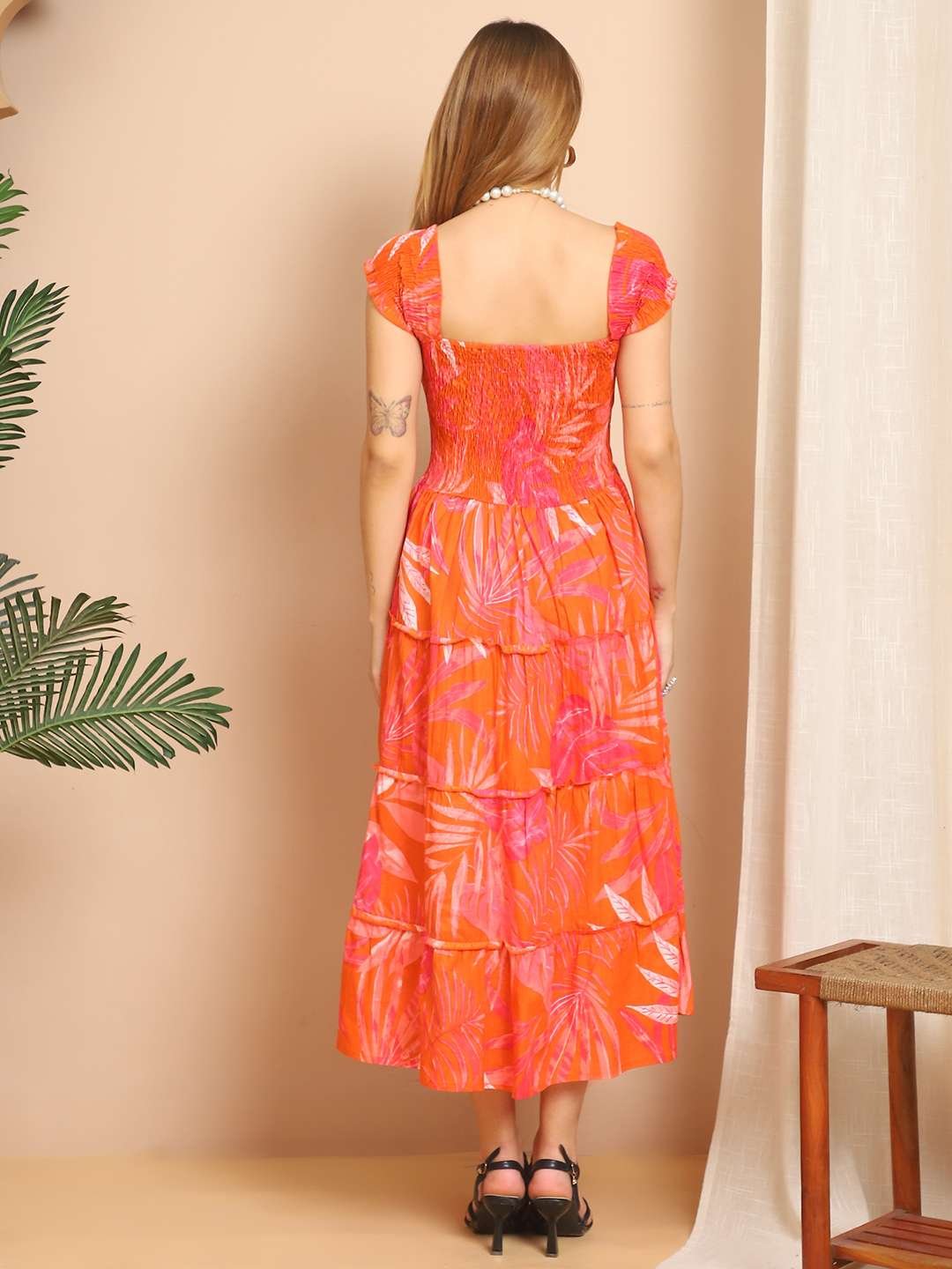 Women's Viscos Rayon Printed Off Shoulder Midi Dress For Summer And Casual Wear (Orange) - Image 2
