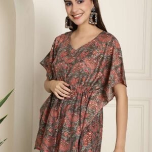 Women's Chanderi Printed Kaftan Top With Bell Sleeve Dress (Multti Color2)