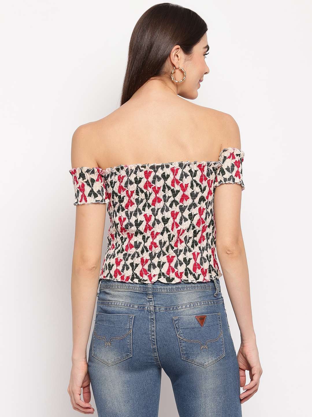 Women's Rayon Printed Off-Shoulder Smocked Crop Top Short Sleeve Casual Styles Tank Top (FREE SIZE) Multi33 - Image 2