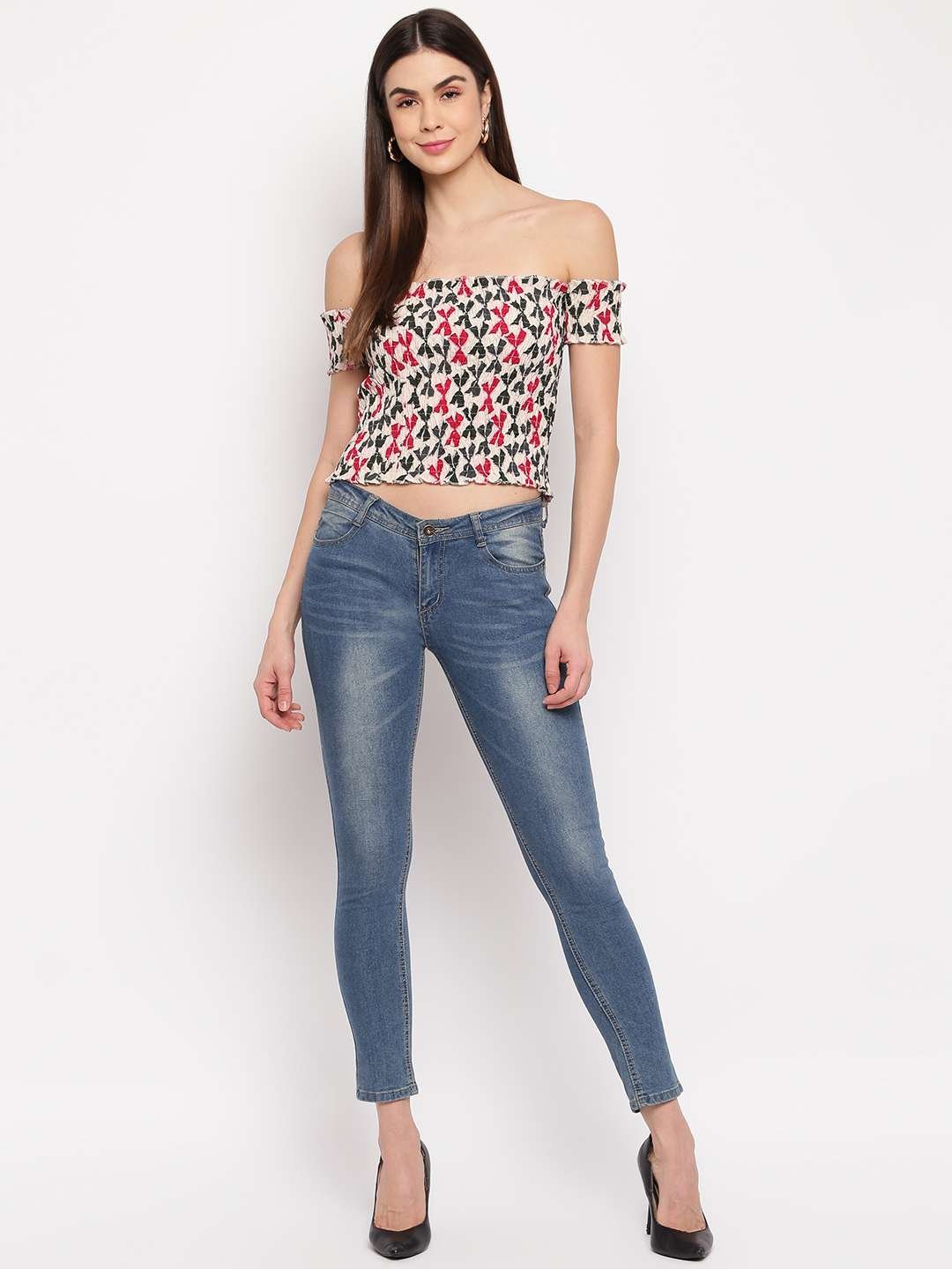 Women's Rayon Printed Off-Shoulder Smocked Crop Top Short Sleeve Casual Styles Tank Top (FREE SIZE) Multi33 - Image 4